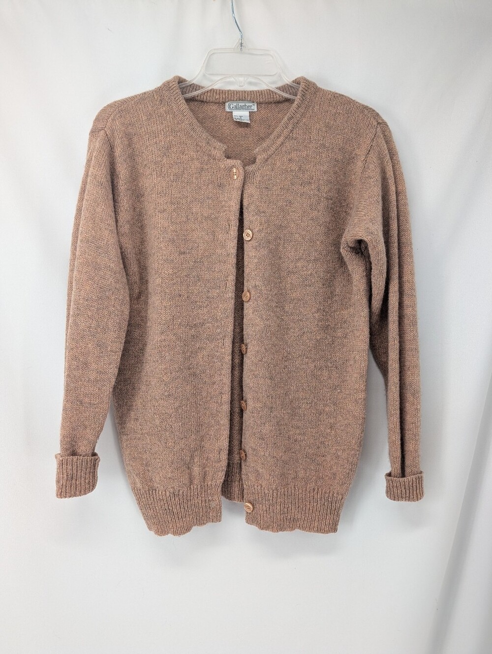 Vintage Gallagher 100% Wool Tan Brown Cardigan Button Down Sweater Small